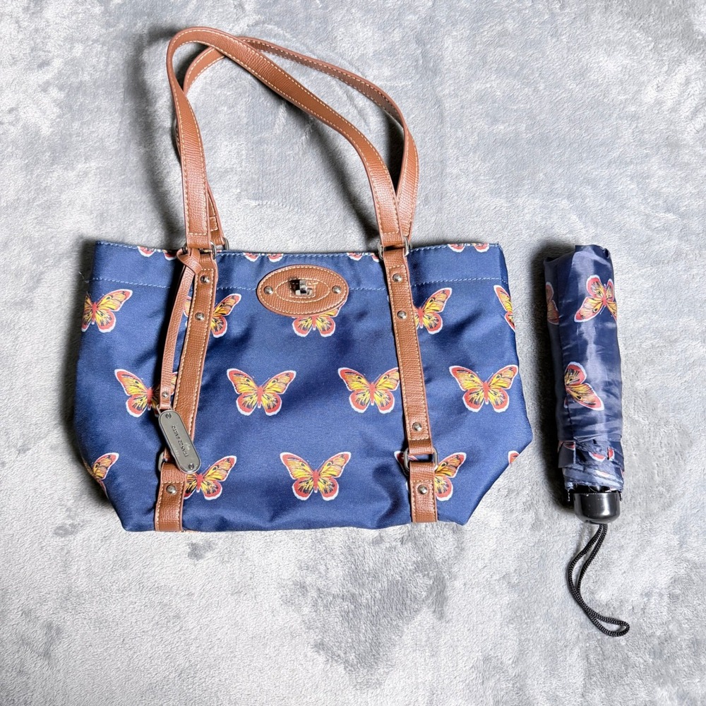 Franco Sarto Navy Butterfly Print Nylon Tote Bag with Matching Umbrella Set